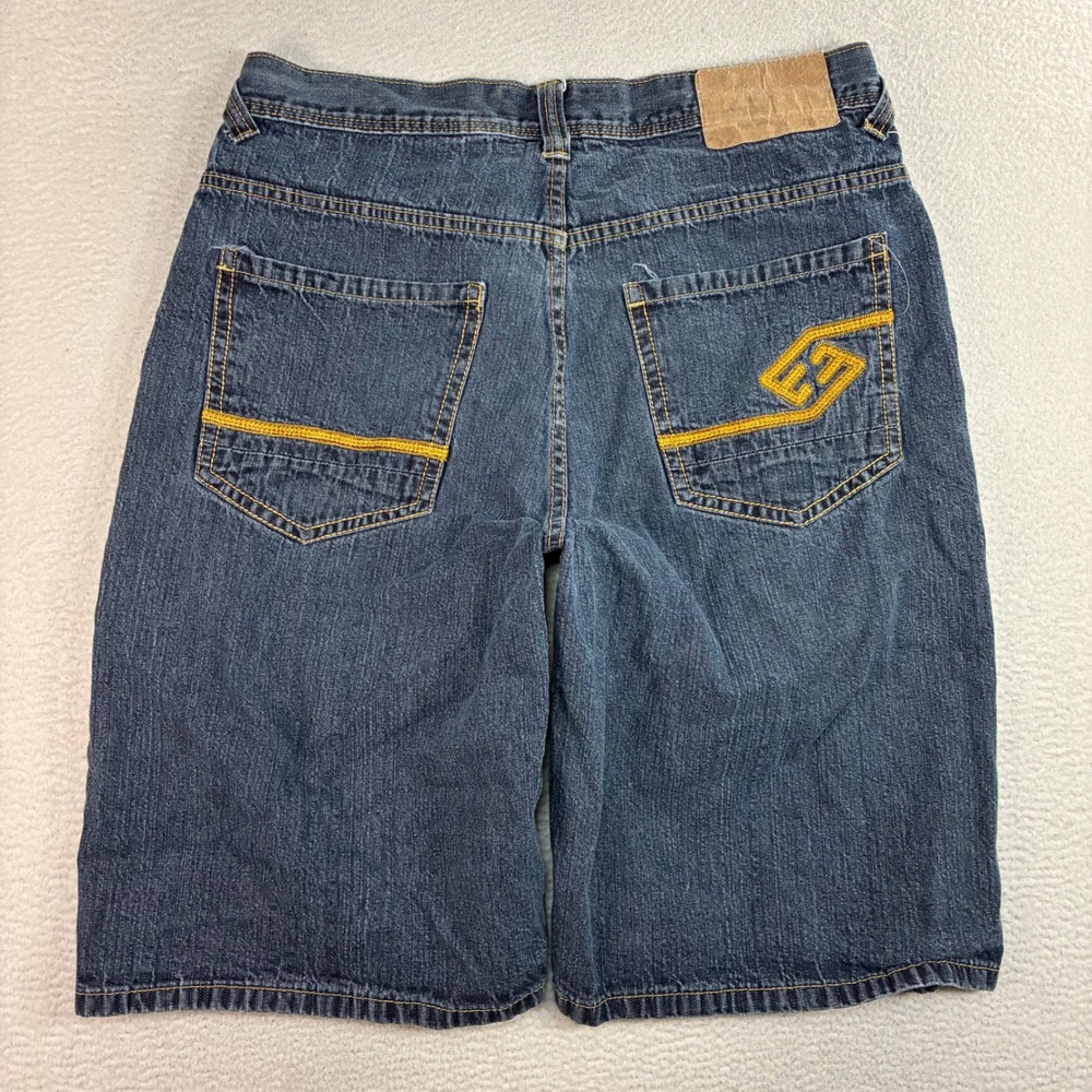 Y2K Enyce Baggy Jean Shorts Men 34x12 Blue Jorts Embroidered Denim Loose Relaxed